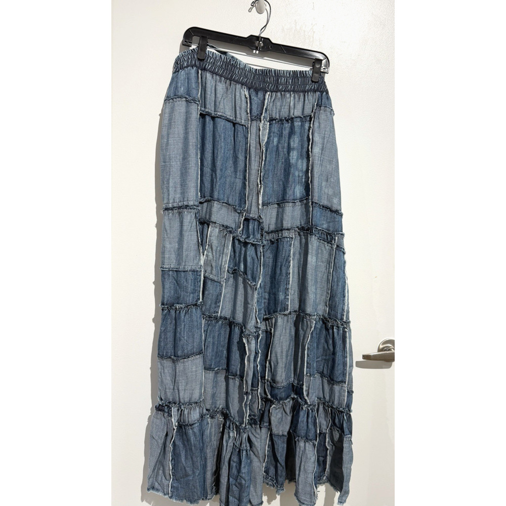 NWT Jaded Gypsy Distressed Patchwork Denim Tencel tiered Palazzo Pants Size L/X - Picture 16 of 16